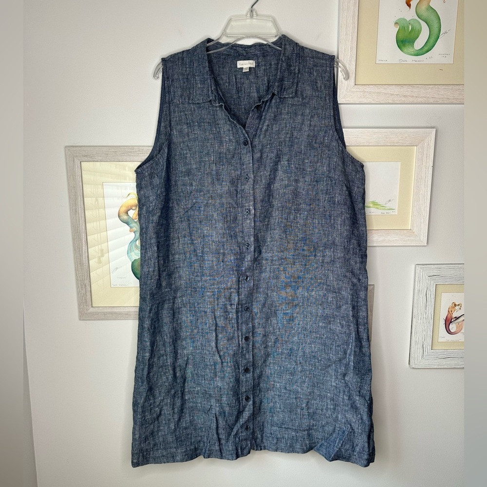 Garnet Hill Blue Linen Sleeveless Button Down Shirt Dress Women’s Size 18 - Picture 2 of 10